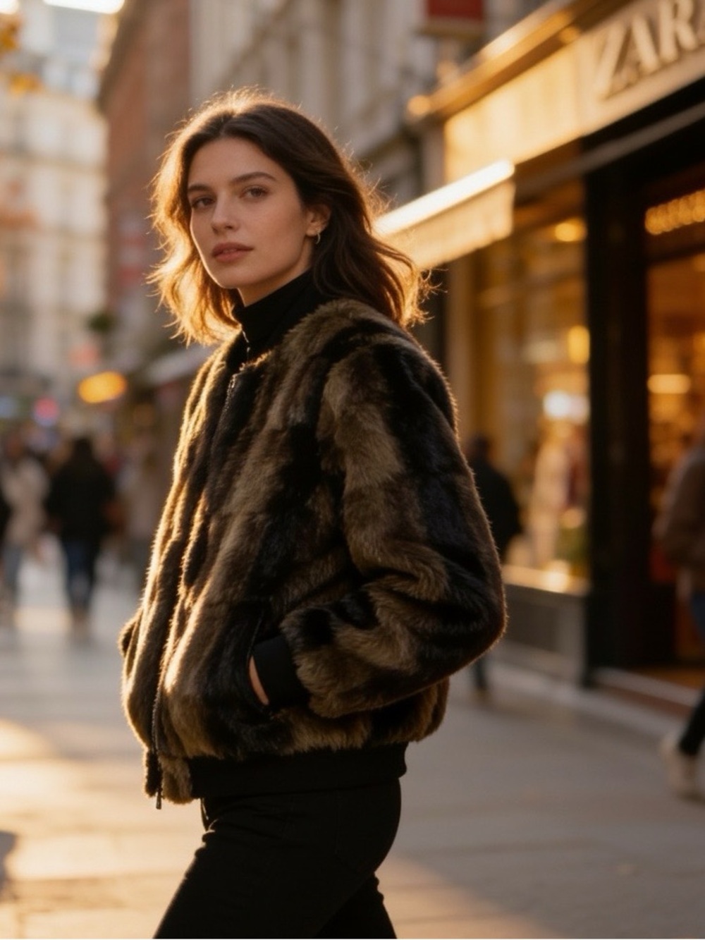 NWT Zara fluffy faux fur black & brown multi tonal bomber jacket,ring zipper